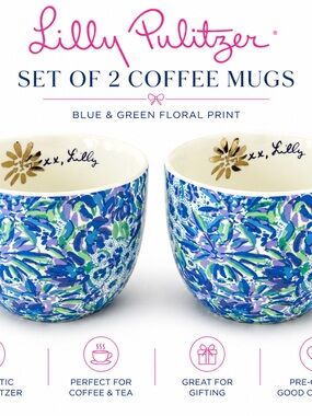 Lilly Pulitzer Blue, Green & Purple Floral Ceramic Mug Set (2)
